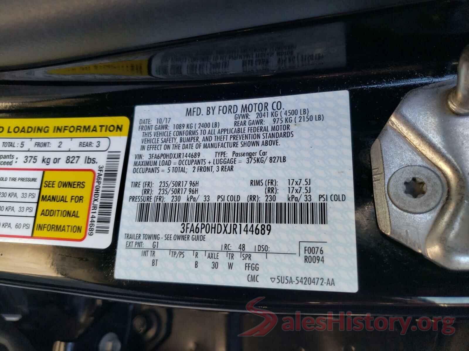 3FA6P0HDXJR144689 2018 FORD FUSION