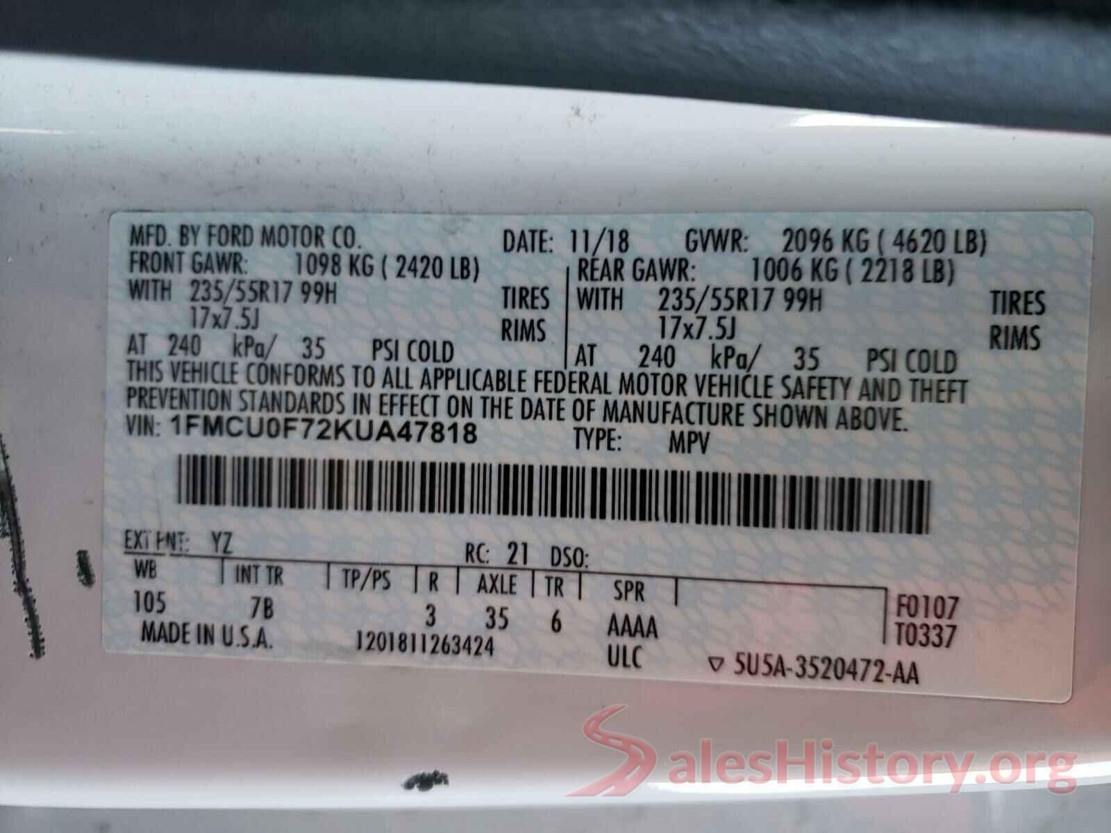 1FMCU0F72KUA47818 2019 FORD ESCAPE