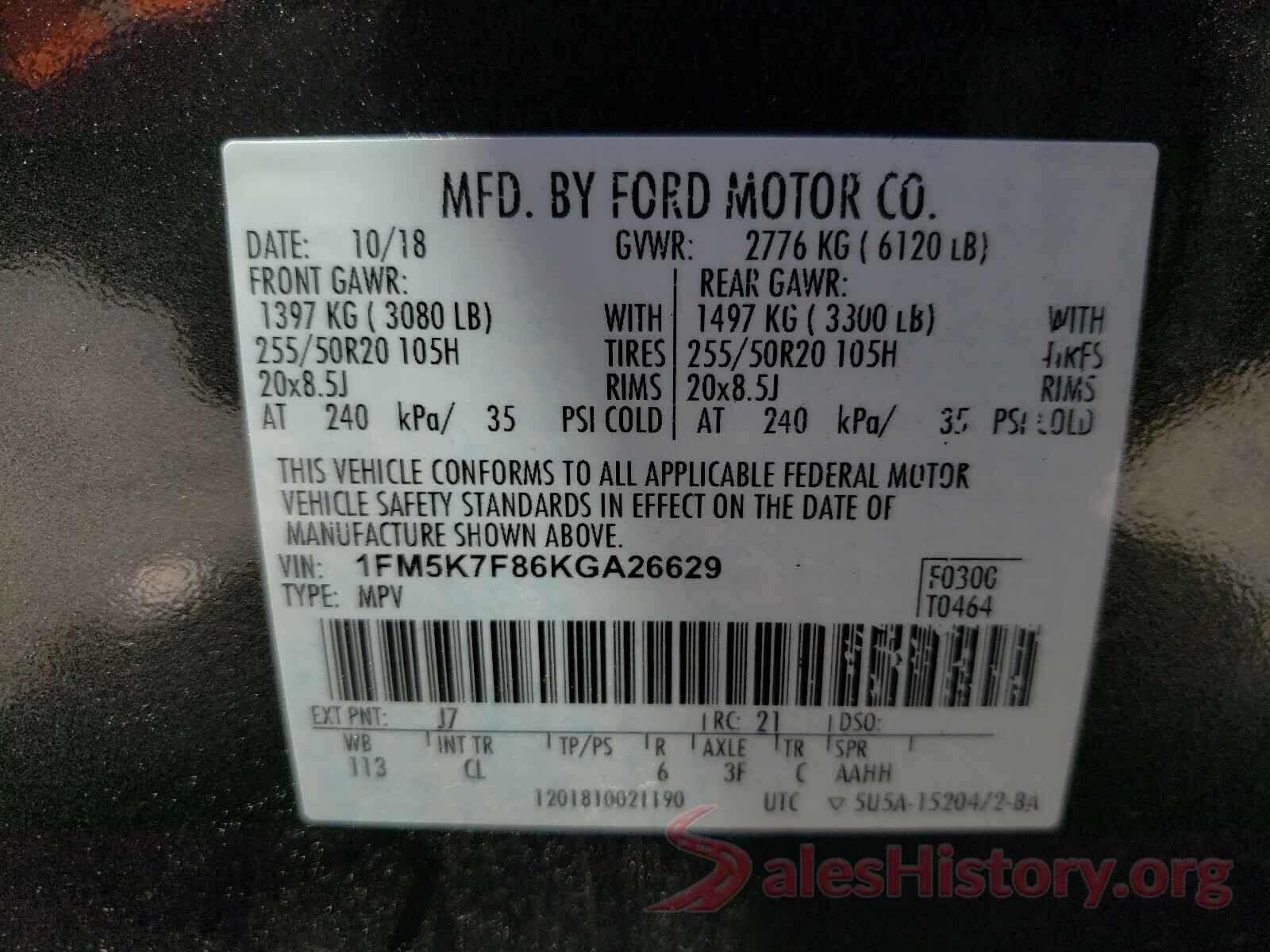 1FM5K7F86KGA26629 2019 FORD EXPLORER