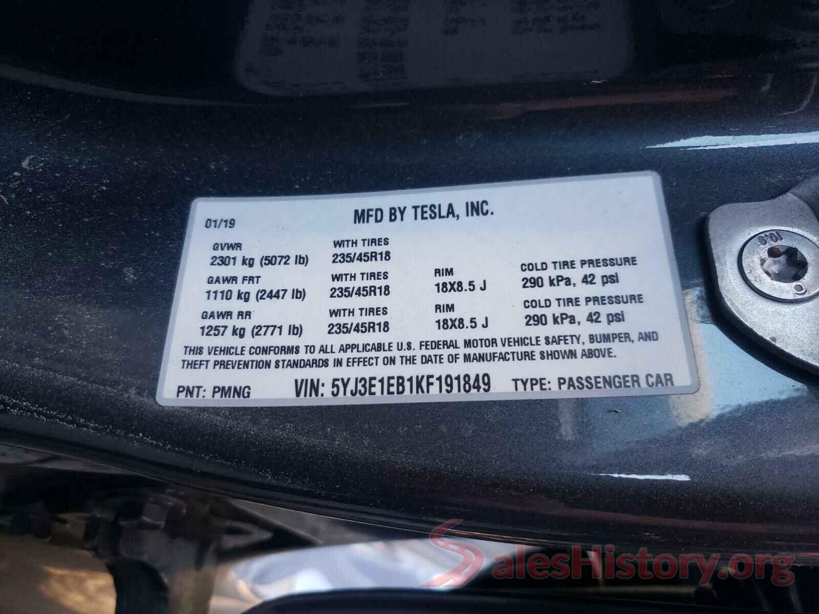 5YJ3E1EB1KF191849 2019 TESLA MODEL 3