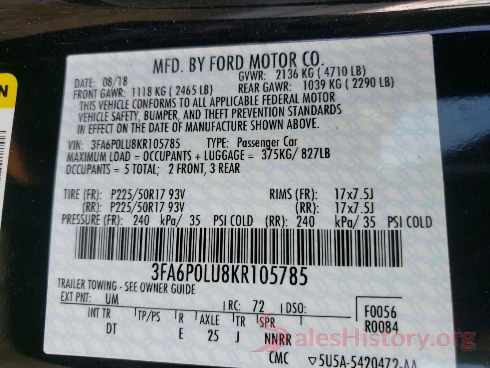 3FA6P0LU8KR105785 2019 FORD FUSION