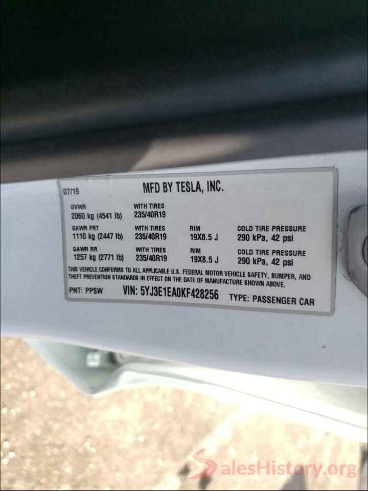 5YJ3E1EA0KF428256 2019 TESLA MODEL 3