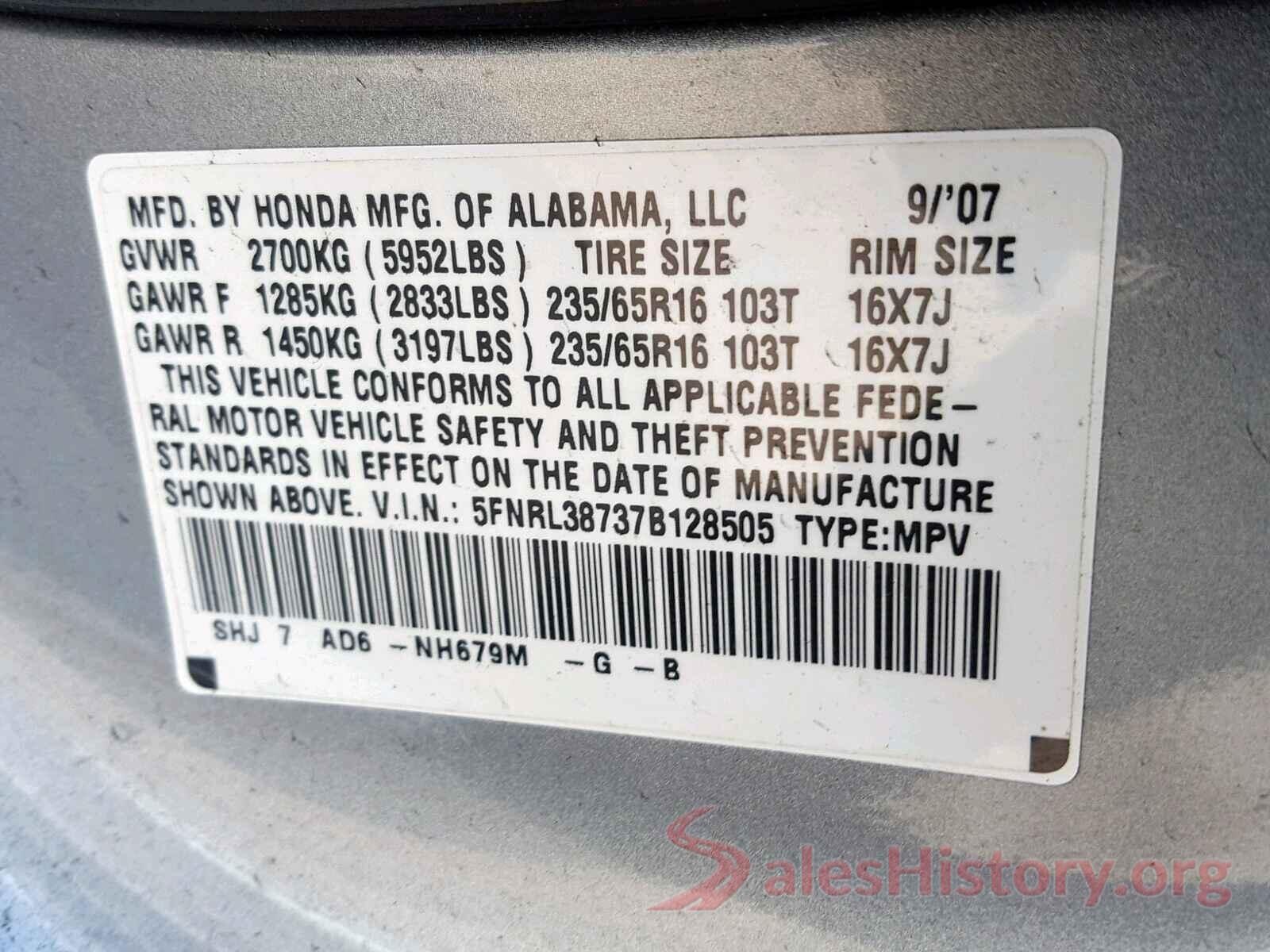 5FNRL38737B128505 2007 HONDA ODYSSEY EX