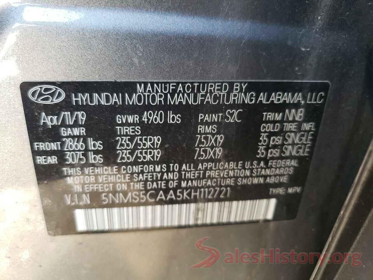 5NMS5CAA5KH112721 2019 HYUNDAI SANTA FE