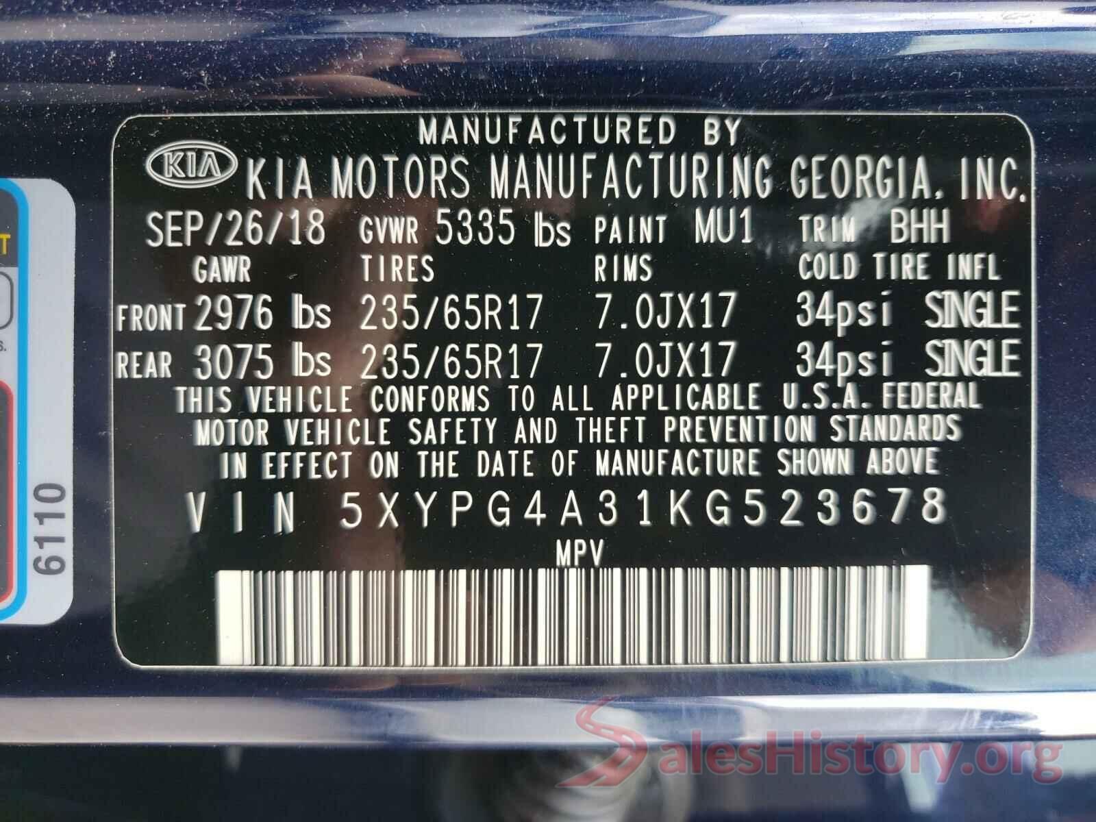 5XYPG4A31KG523678 2019 KIA SORENTO