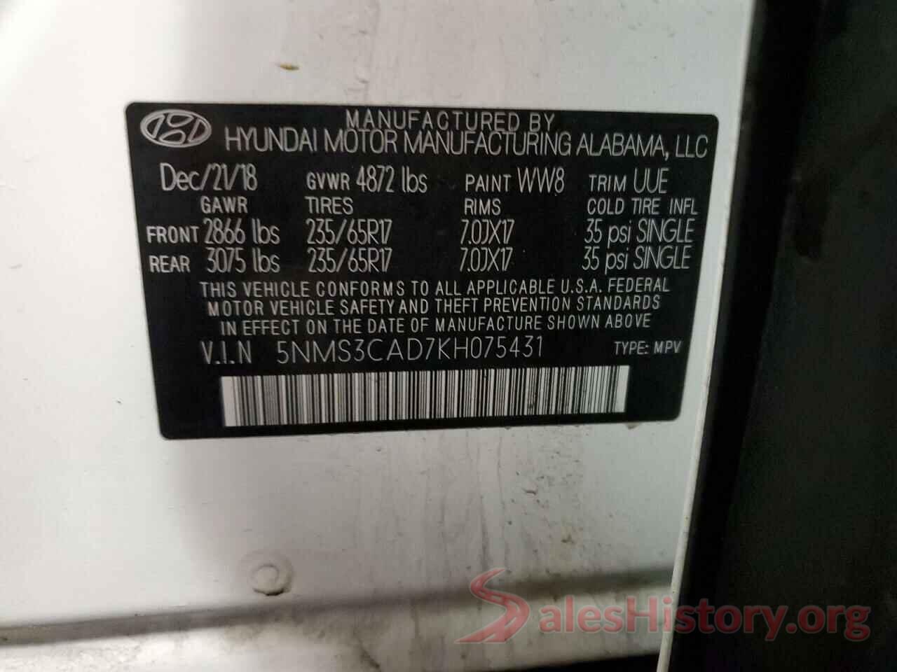 5NMS3CAD7KH075431 2019 HYUNDAI SANTA FE