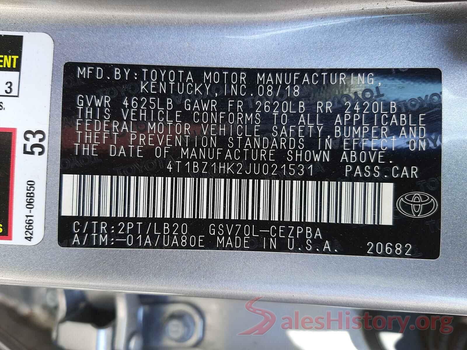 4T1BZ1HK2JU021531 2018 TOYOTA CAMRY