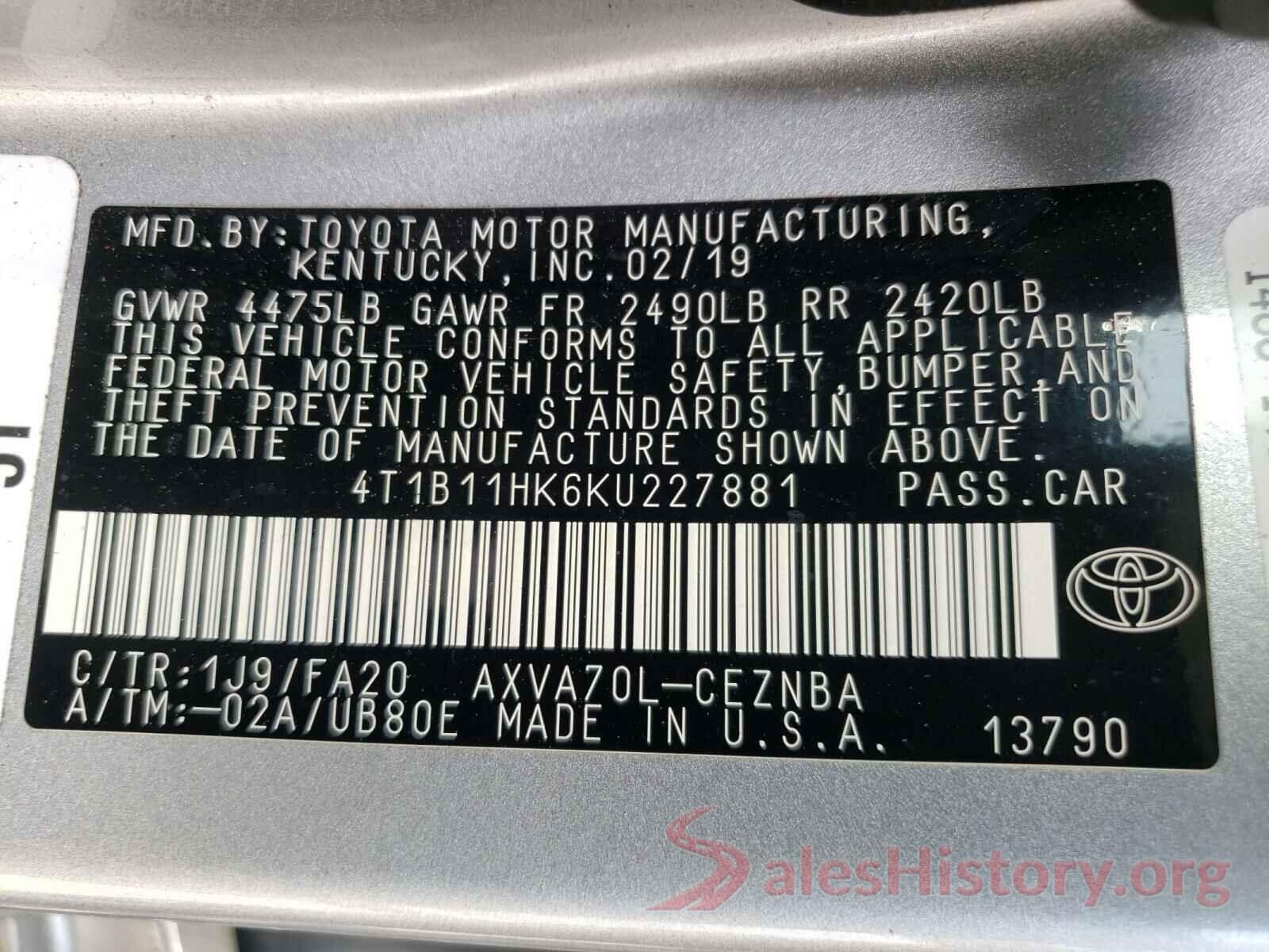 4T1B11HK6KU227881 2019 TOYOTA CAMRY