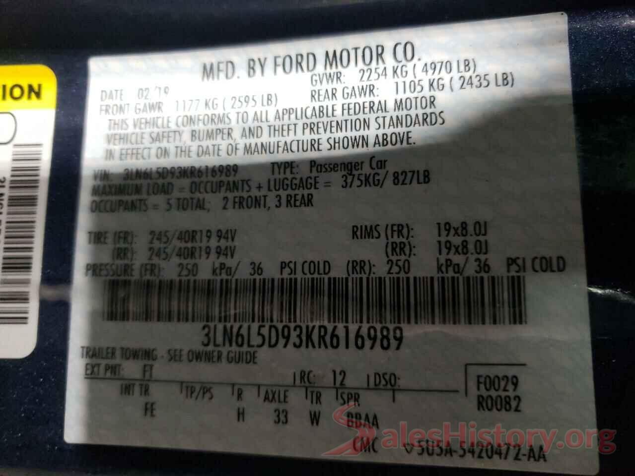 3LN6L5D93KR616989 2019 LINCOLN MKZ