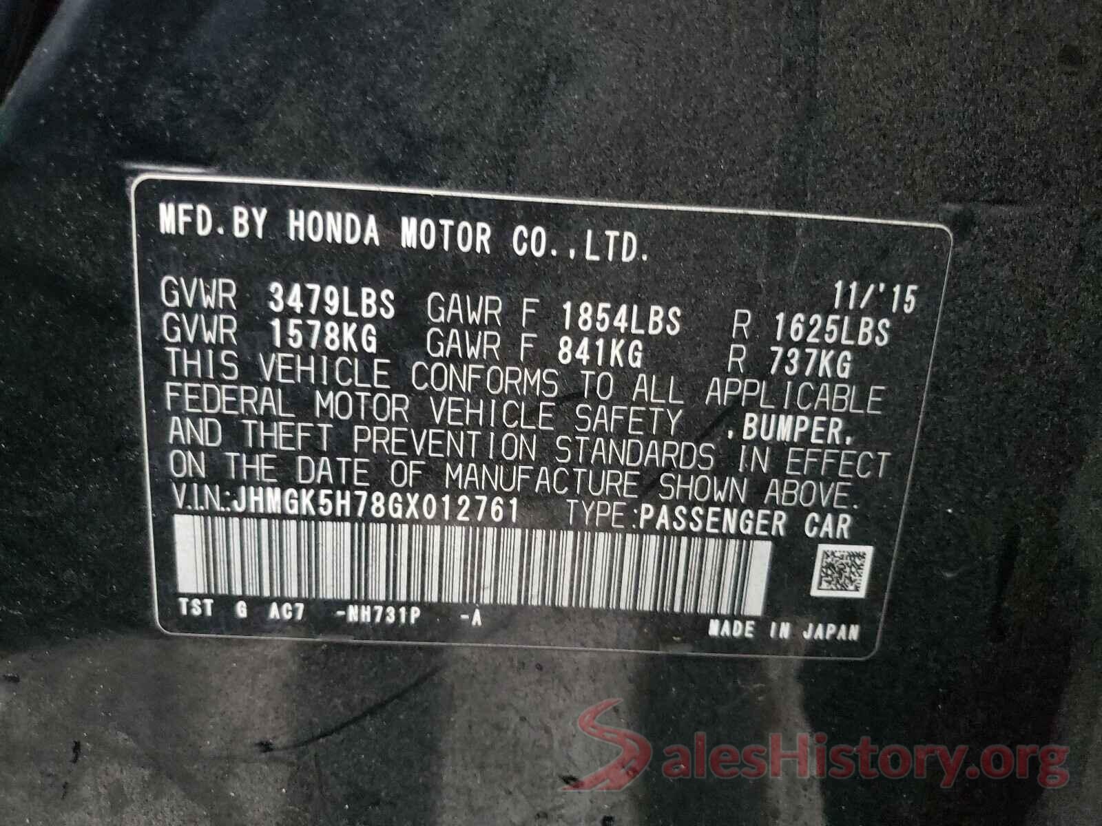 JHMGK5H78GX012761 2016 HONDA FIT