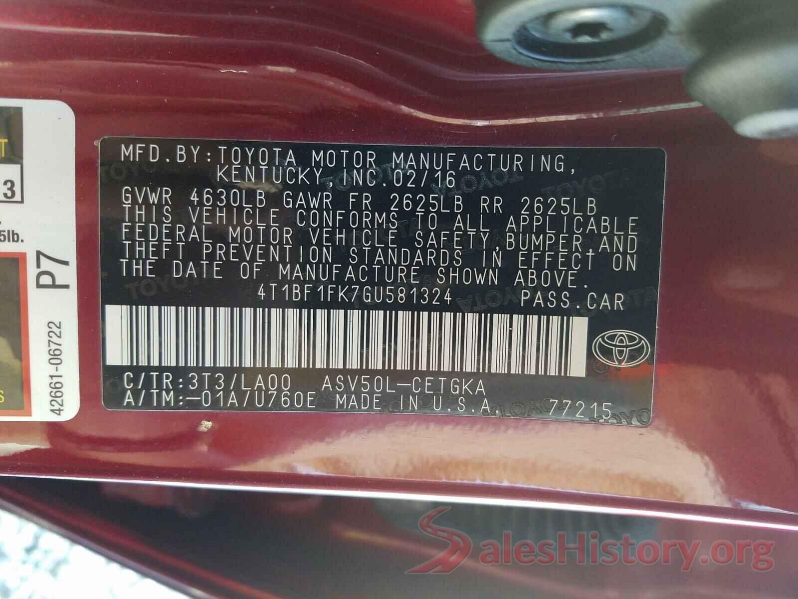 4T1BF1FK7GU581324 2016 TOYOTA CAMRY