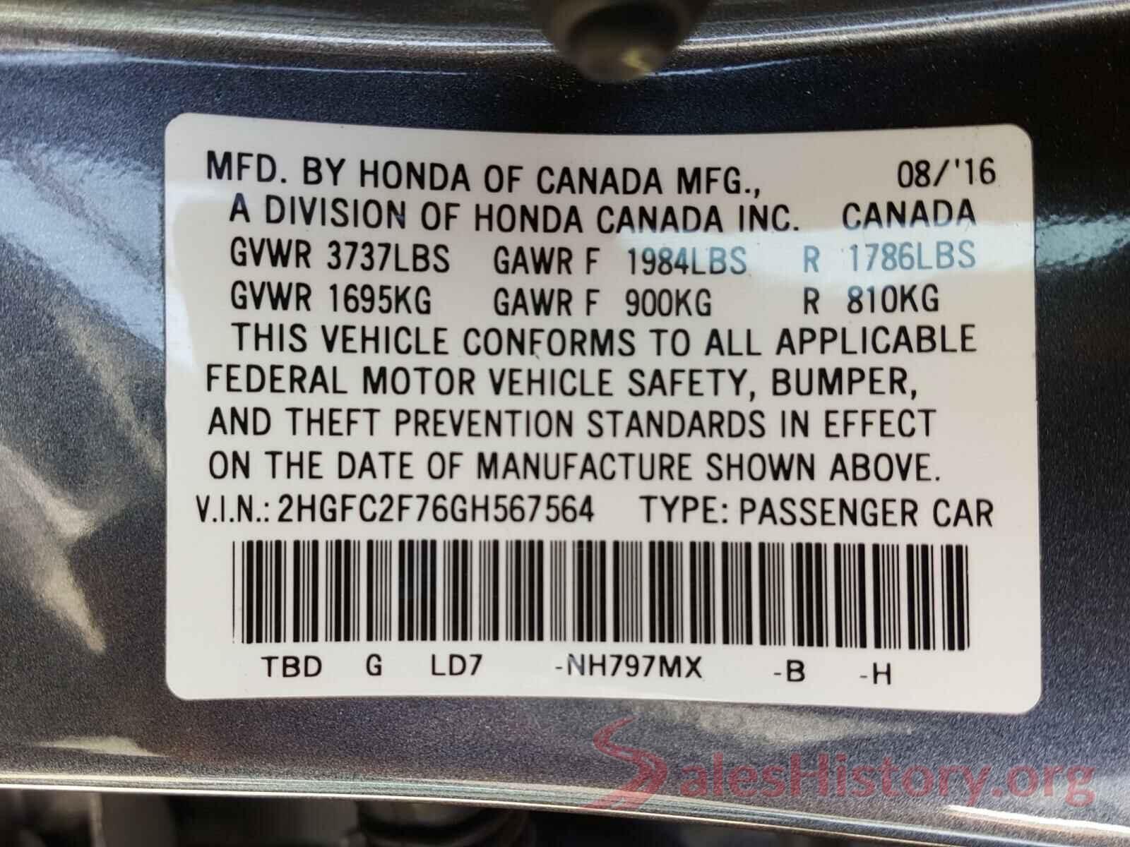 2HGFC2F76GH567564 2016 HONDA CIVIC