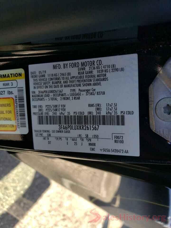 3FA6P0LUXKR261567 2019 FORD FUSION