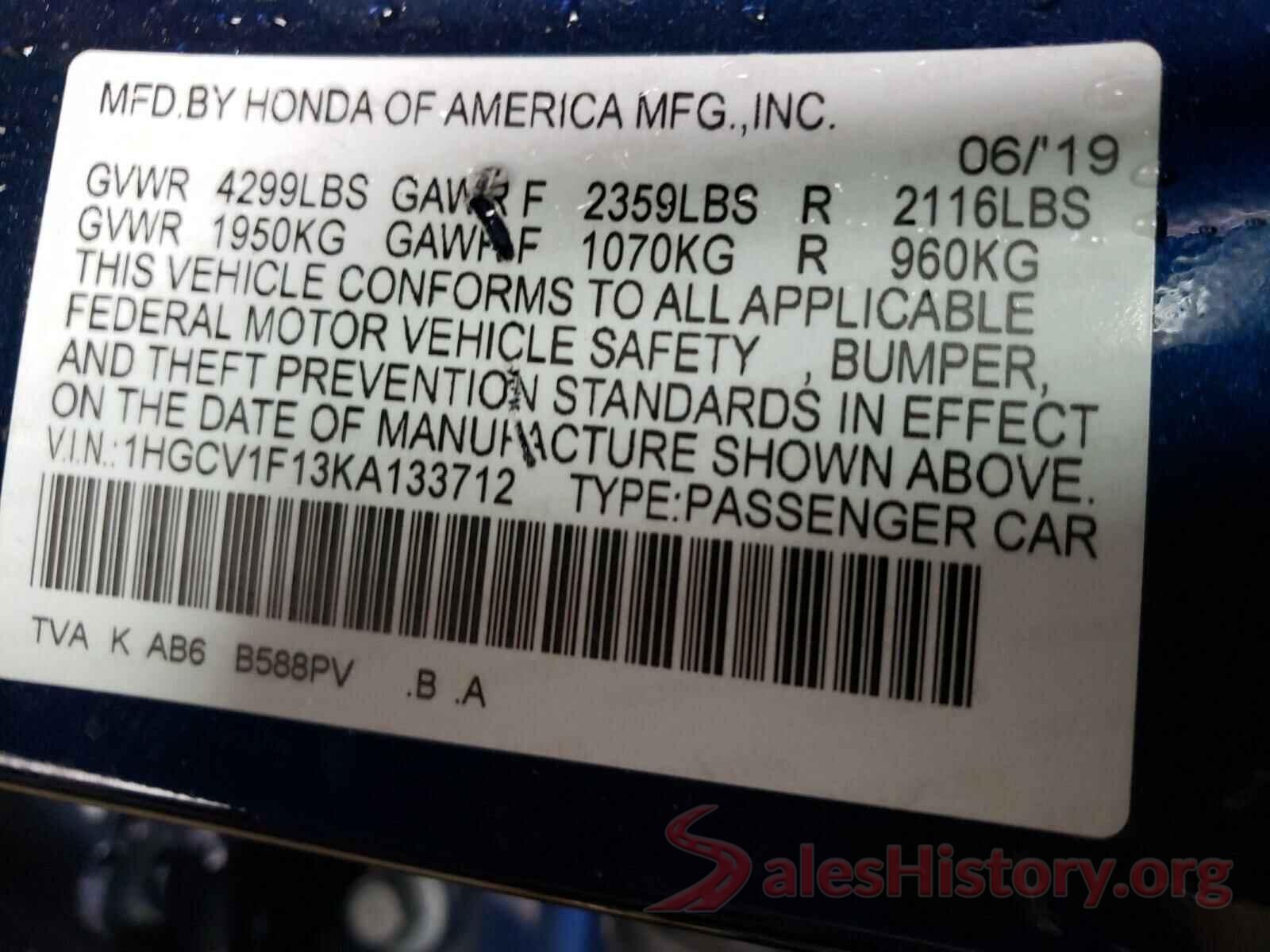 1HGCV1F13KA133712 2019 HONDA ACCORD