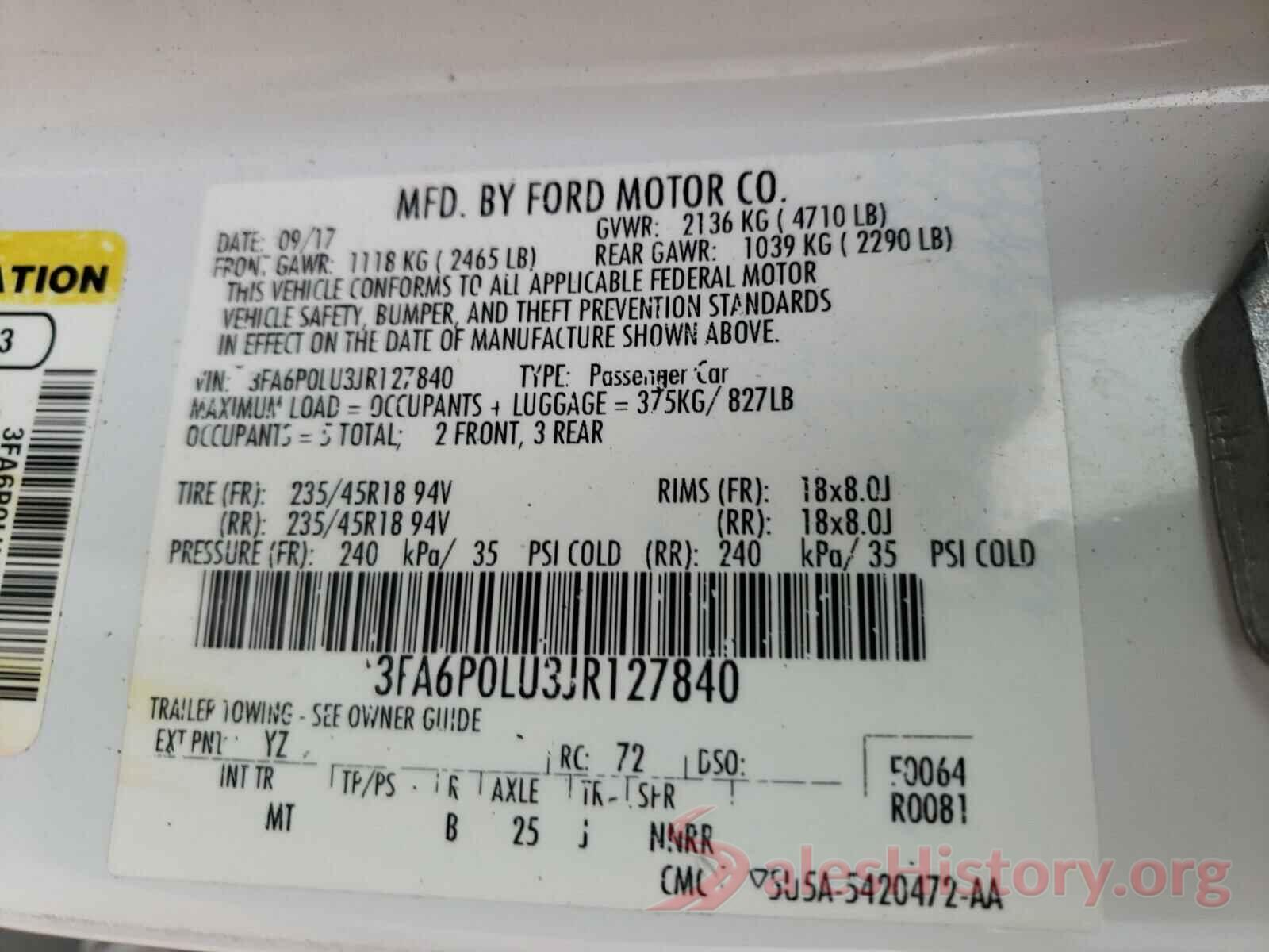 3FA6P0LU3JR127840 2018 FORD FUSION