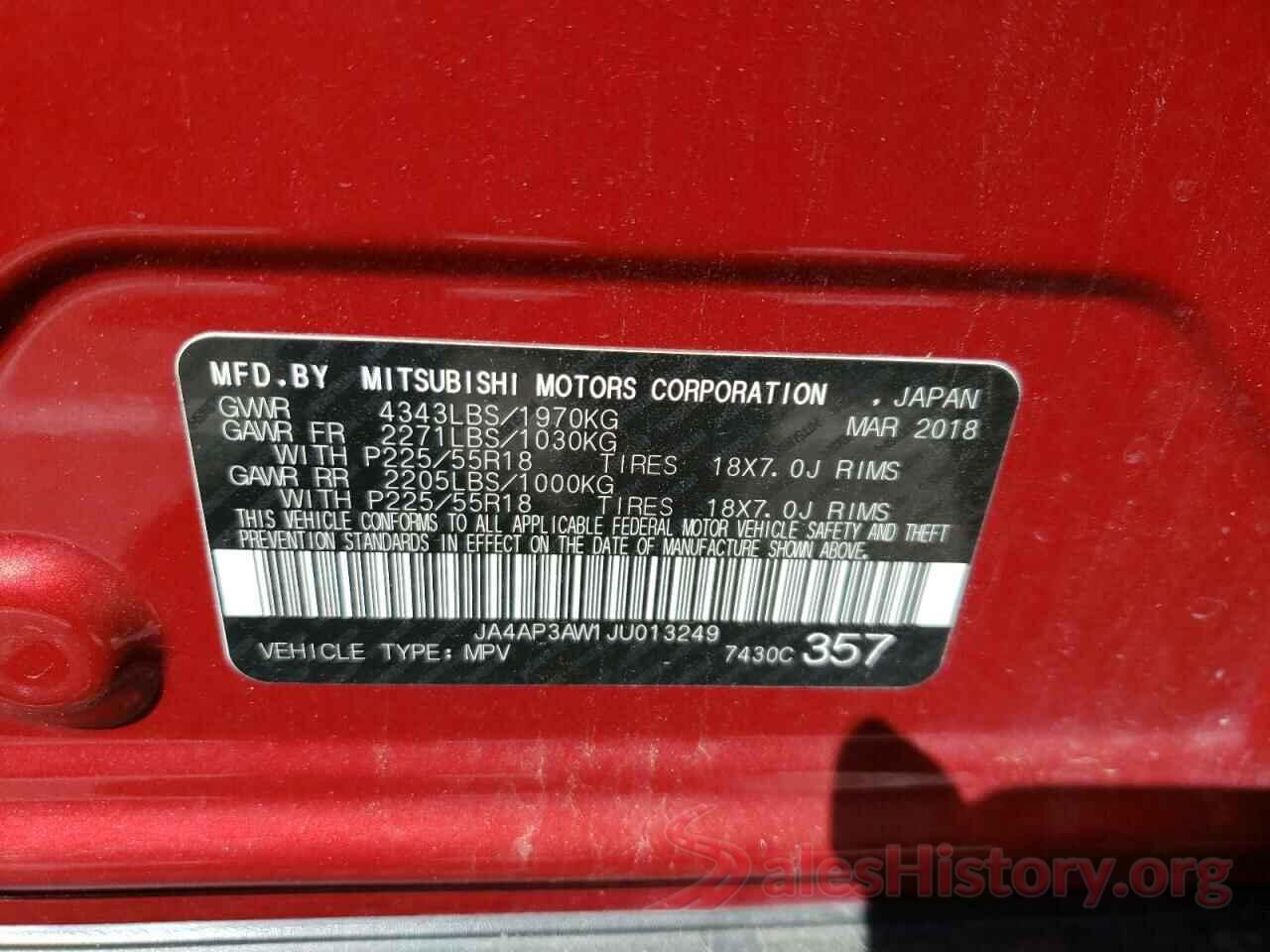 JA4AP3AW1JU013249 2018 MITSUBISHI OUTLANDER