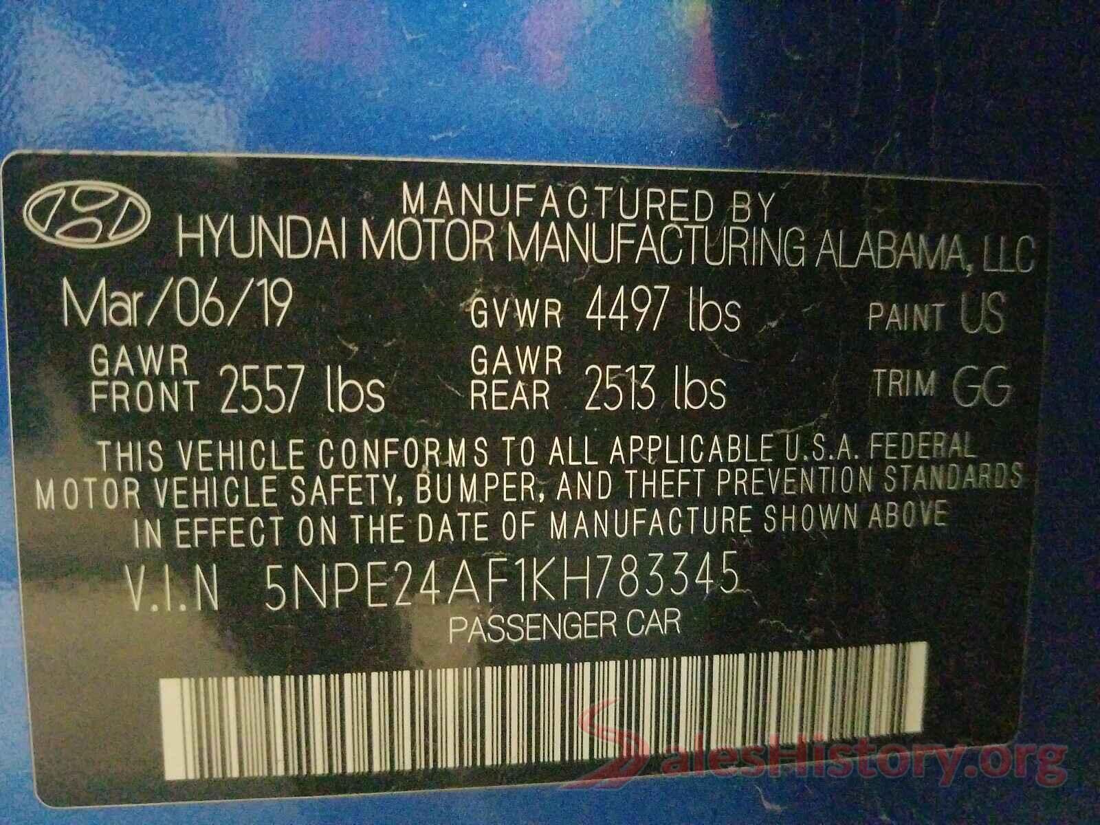 5NPE24AF1KH783345 2019 HYUNDAI SONATA