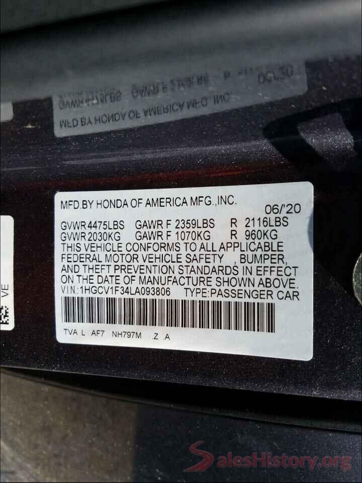 1HGCV1F34LA093806 2020 HONDA ACCORD