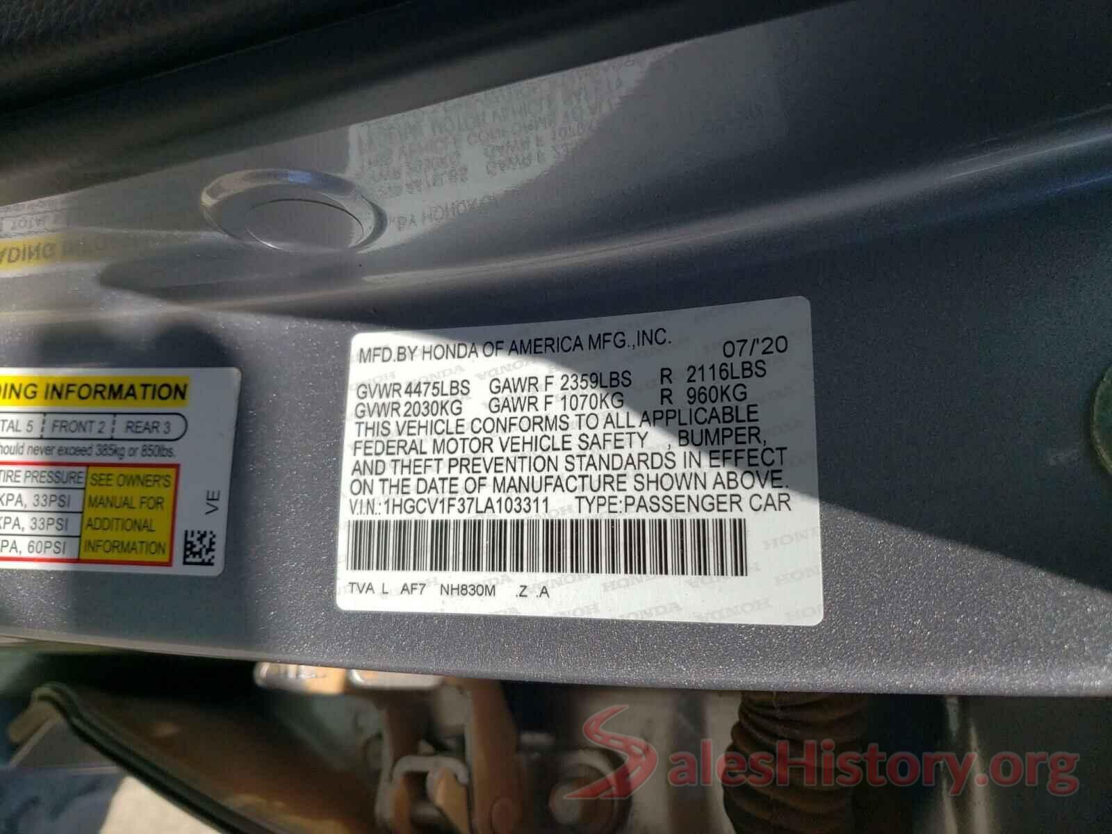 1HGCV1F37LA103311 2020 HONDA ACCORD