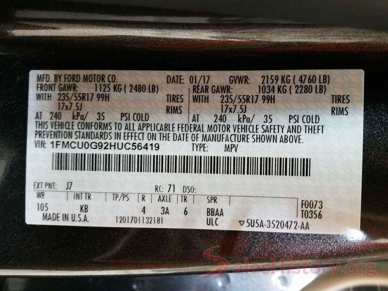 1FMCU0G92HUC56419 2017 FORD ESCAPE