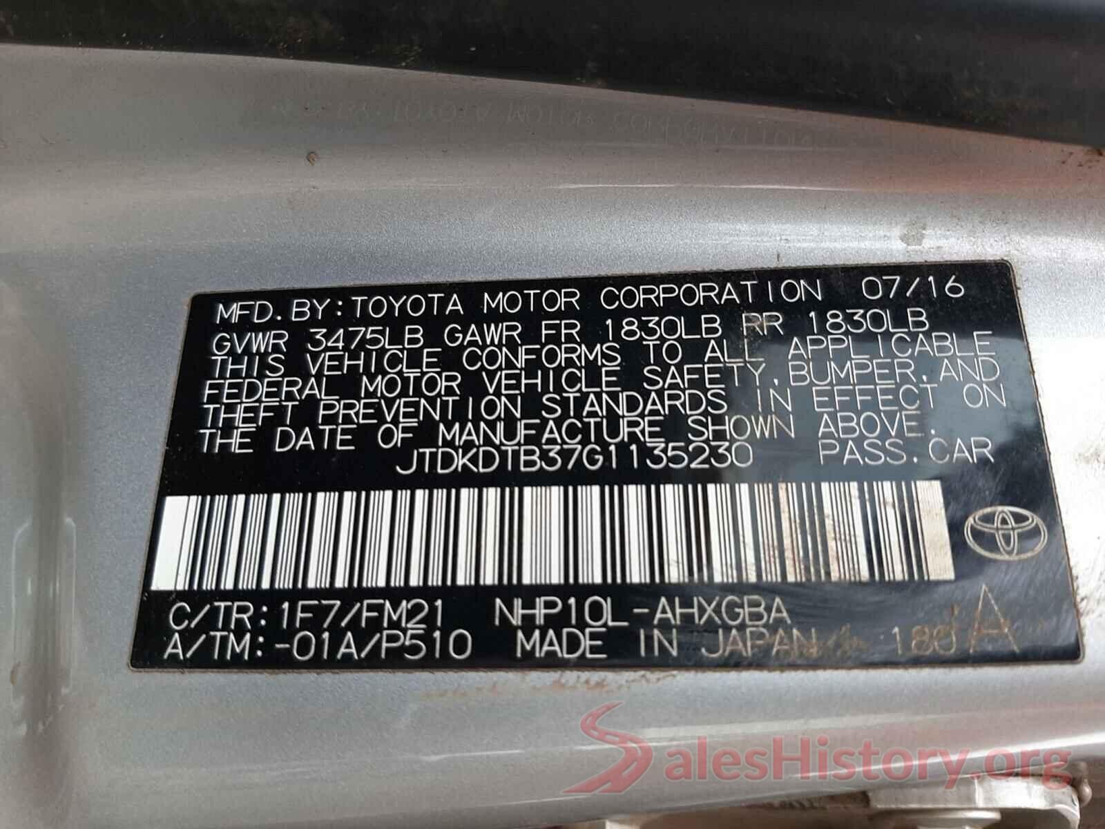 JTDKDTB37G1135230 2016 TOYOTA PRIUS