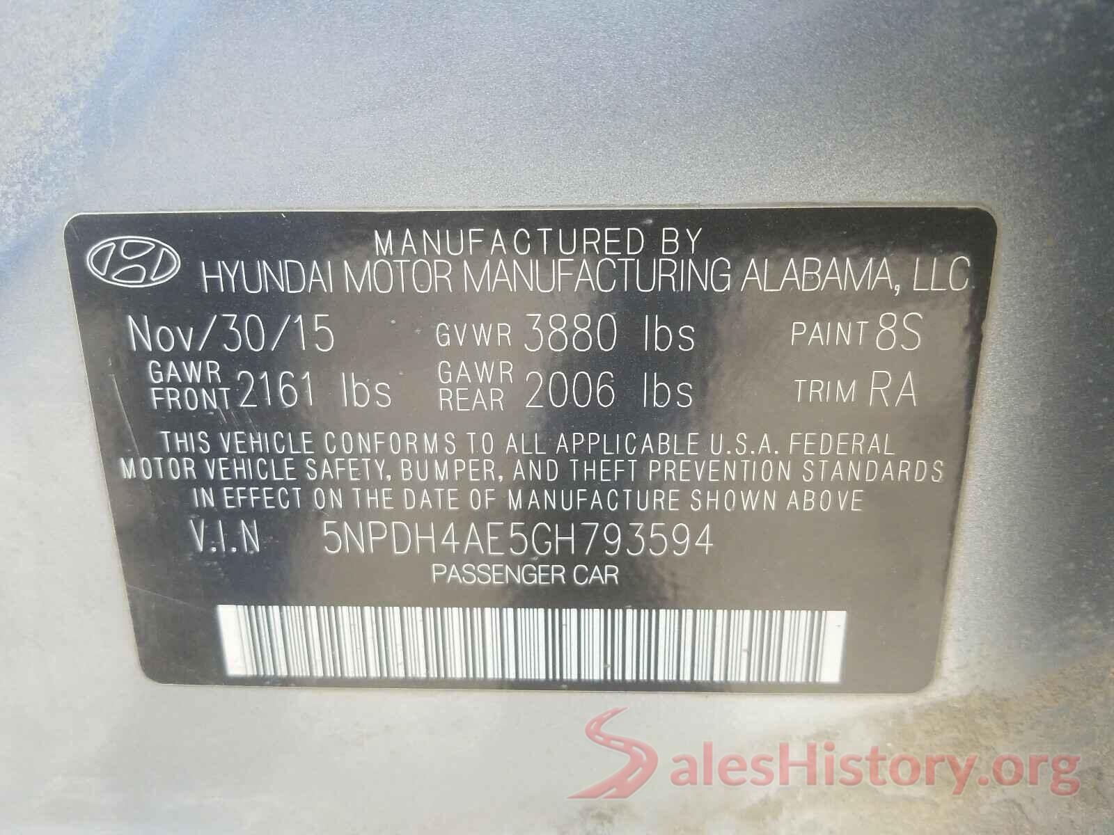 5NPDH4AE5GH793594 2016 HYUNDAI ELANTRA