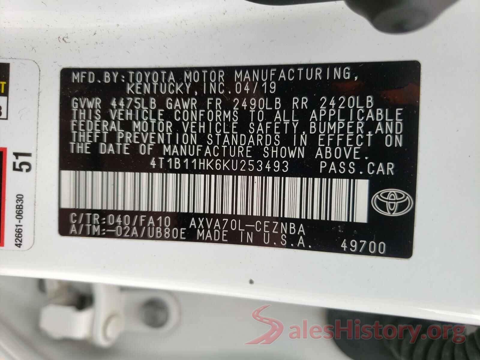 4T1B11HK6KU253493 2019 TOYOTA CAMRY