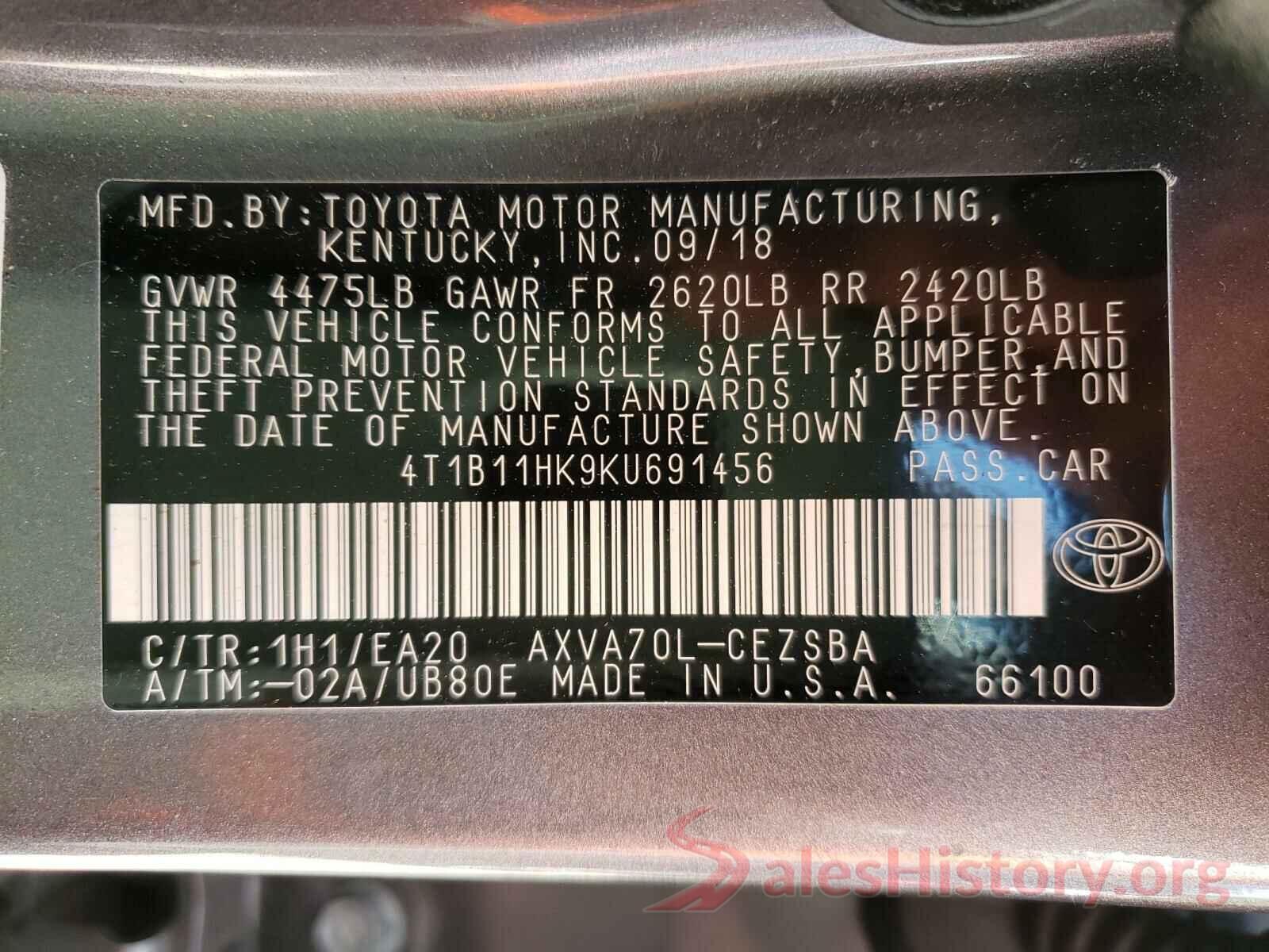 4T1B11HK9KU691456 2019 TOYOTA CAMRY