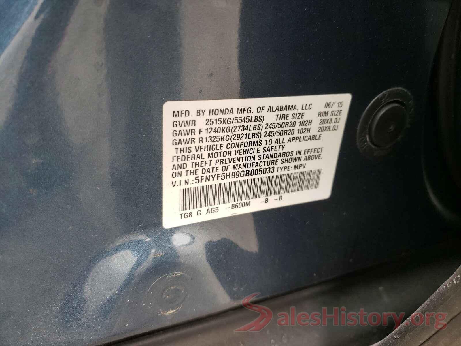 5FNYF5H99GB005033 2016 HONDA PILOT