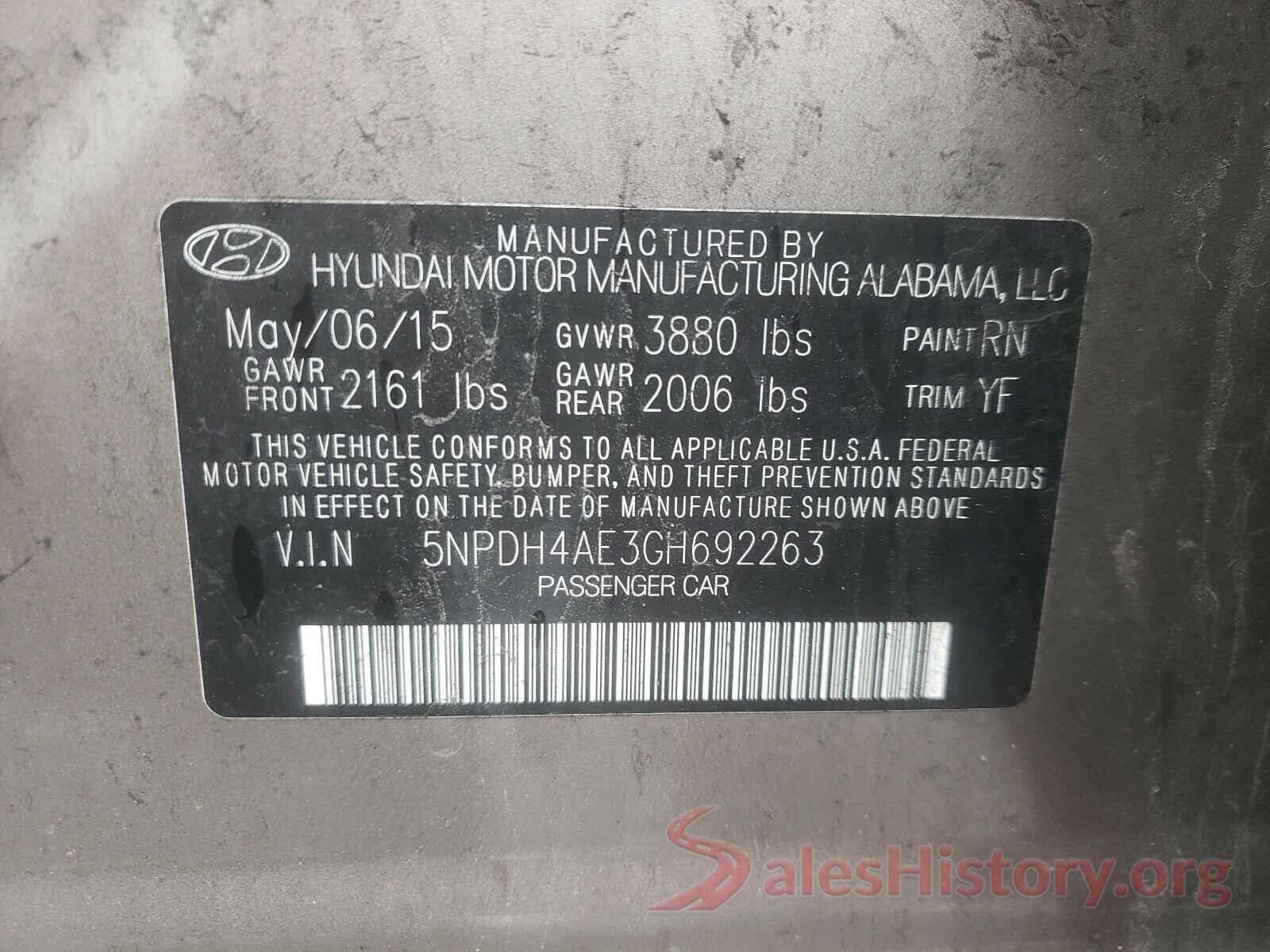 5NPDH4AE3GH692263 2016 HYUNDAI ELANTRA