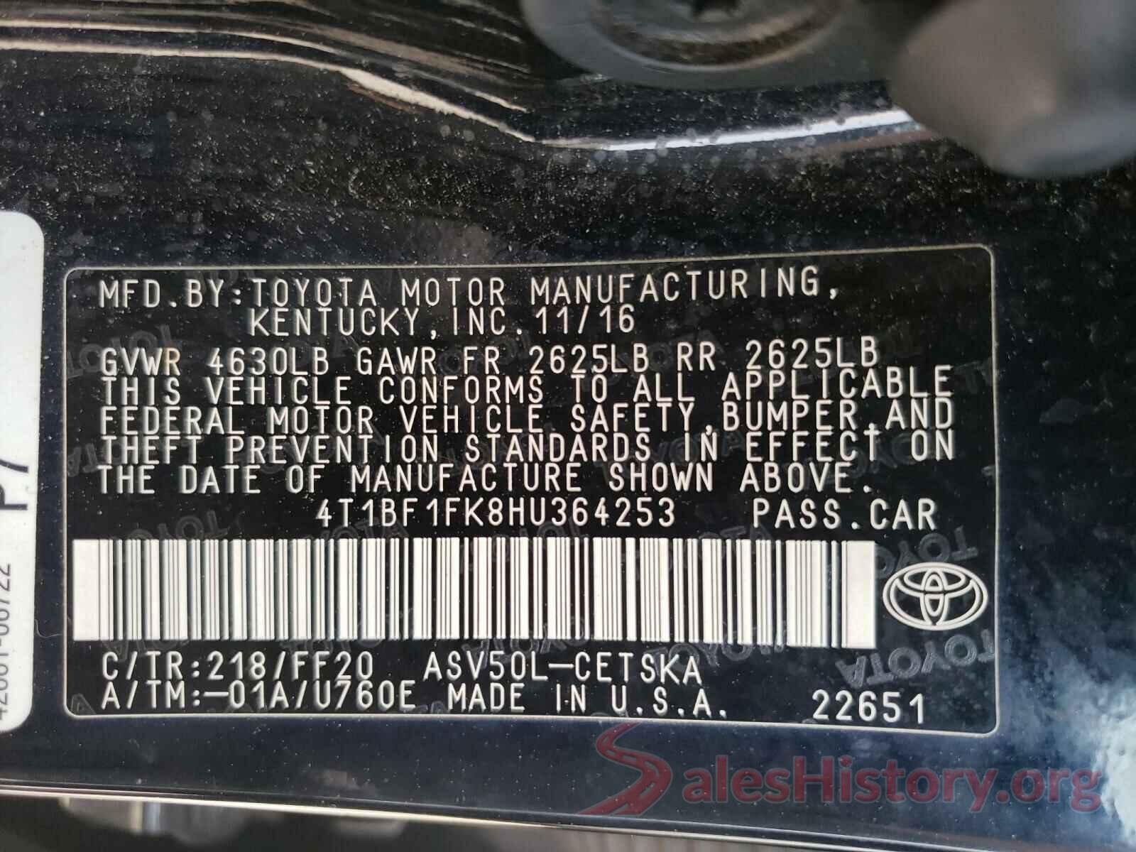 4T1BF1FK8HU364253 2017 TOYOTA CAMRY