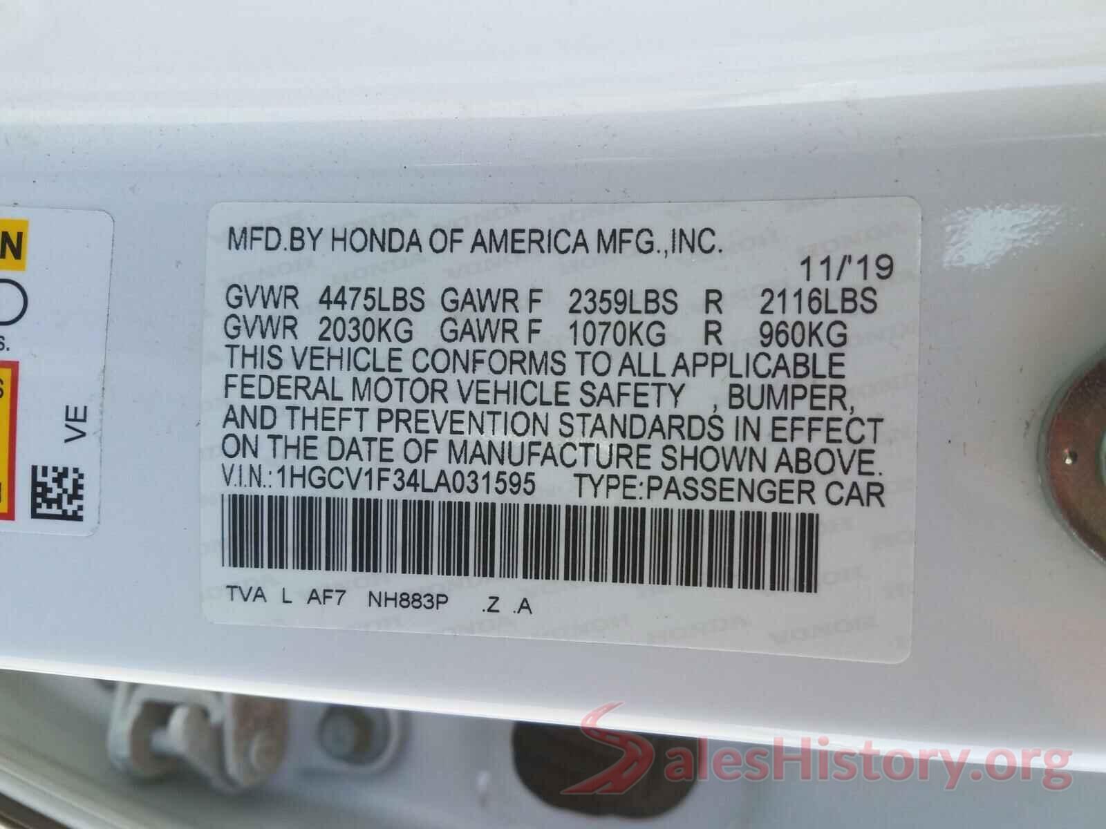 1HGCV1F34LA031595 2020 HONDA ACCORD