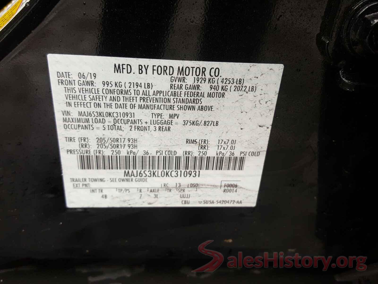 MAJ6S3KL0KC310931 2019 FORD ALL OTHER