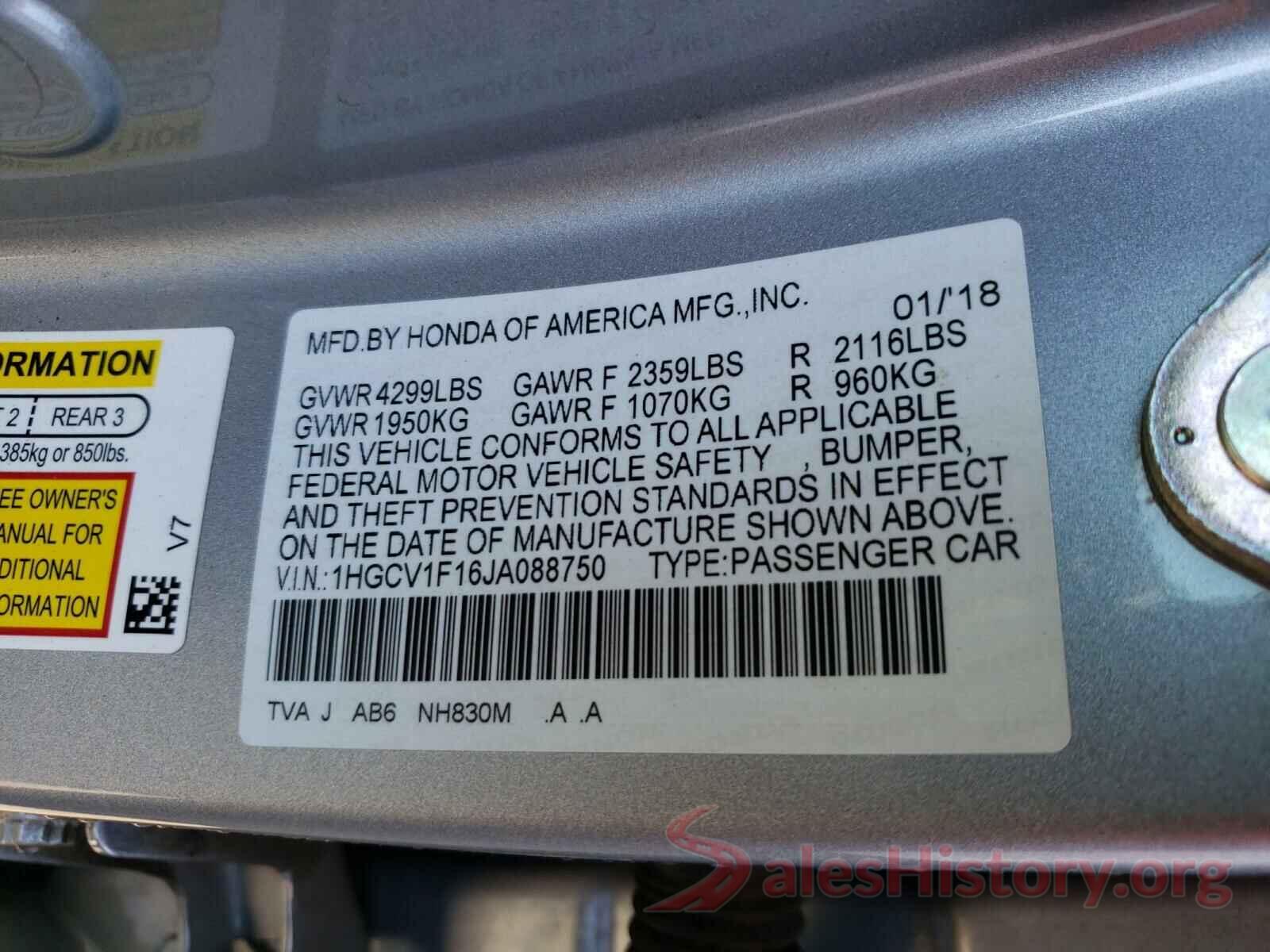 1HGCV1F16JA088750 2018 HONDA ACCORD