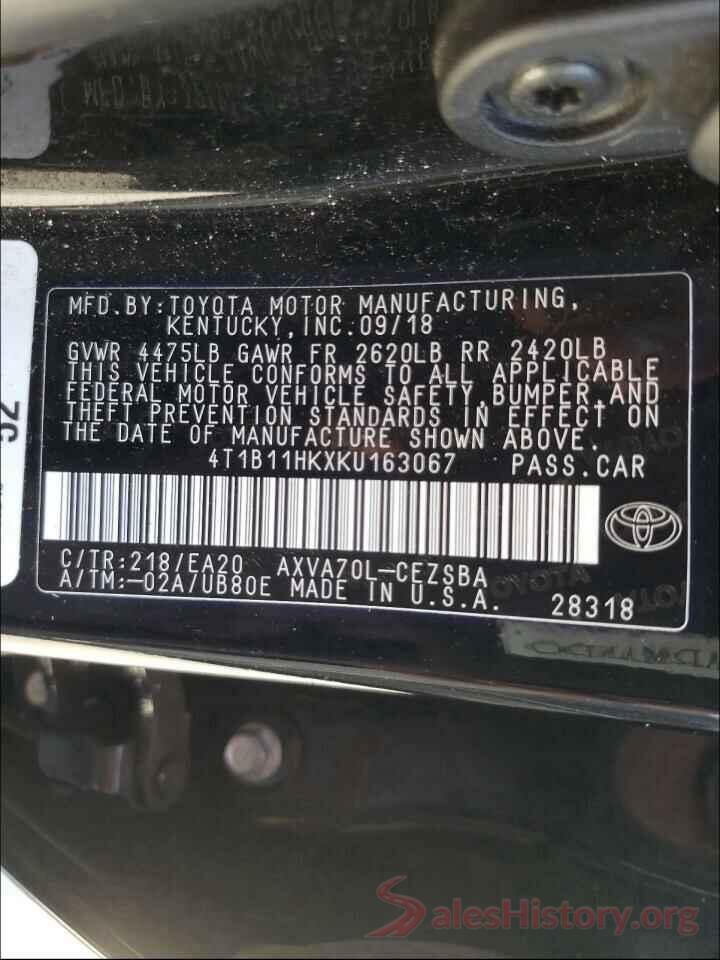 4T1B11HKXKU163067 2019 TOYOTA CAMRY