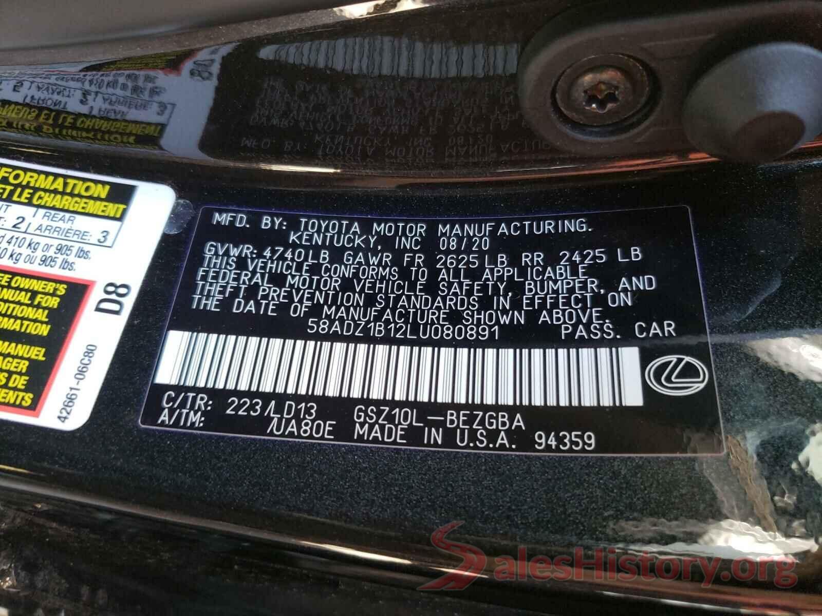 58ADZ1B12LU080891 2020 LEXUS ES350