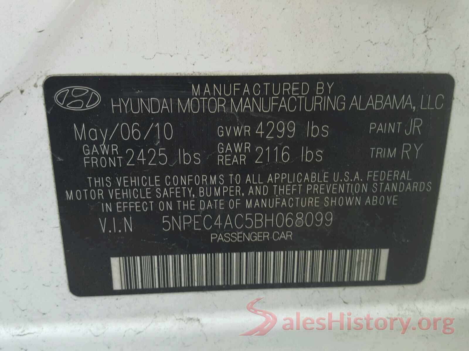 5NPEC4AC5BH068099 2011 HYUNDAI SONATA