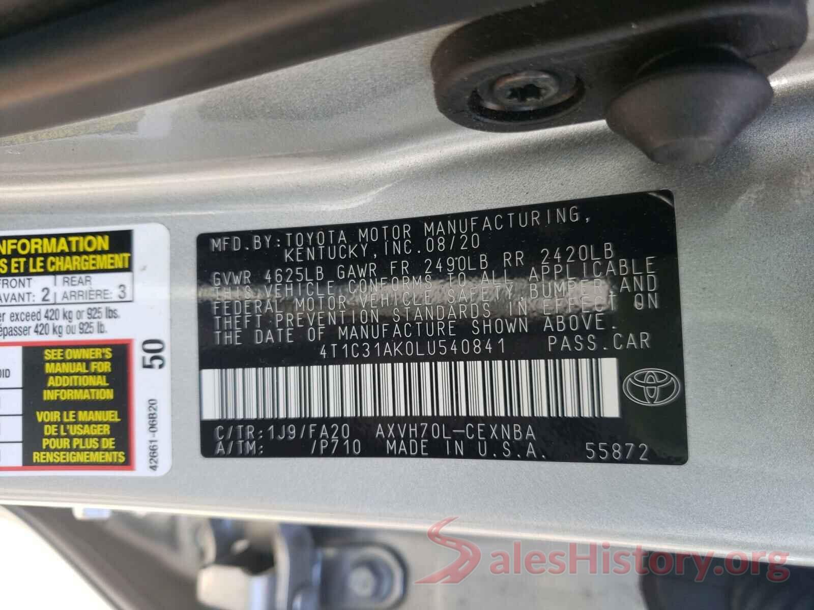 4T1C31AK0LU540841 2020 TOYOTA CAMRY