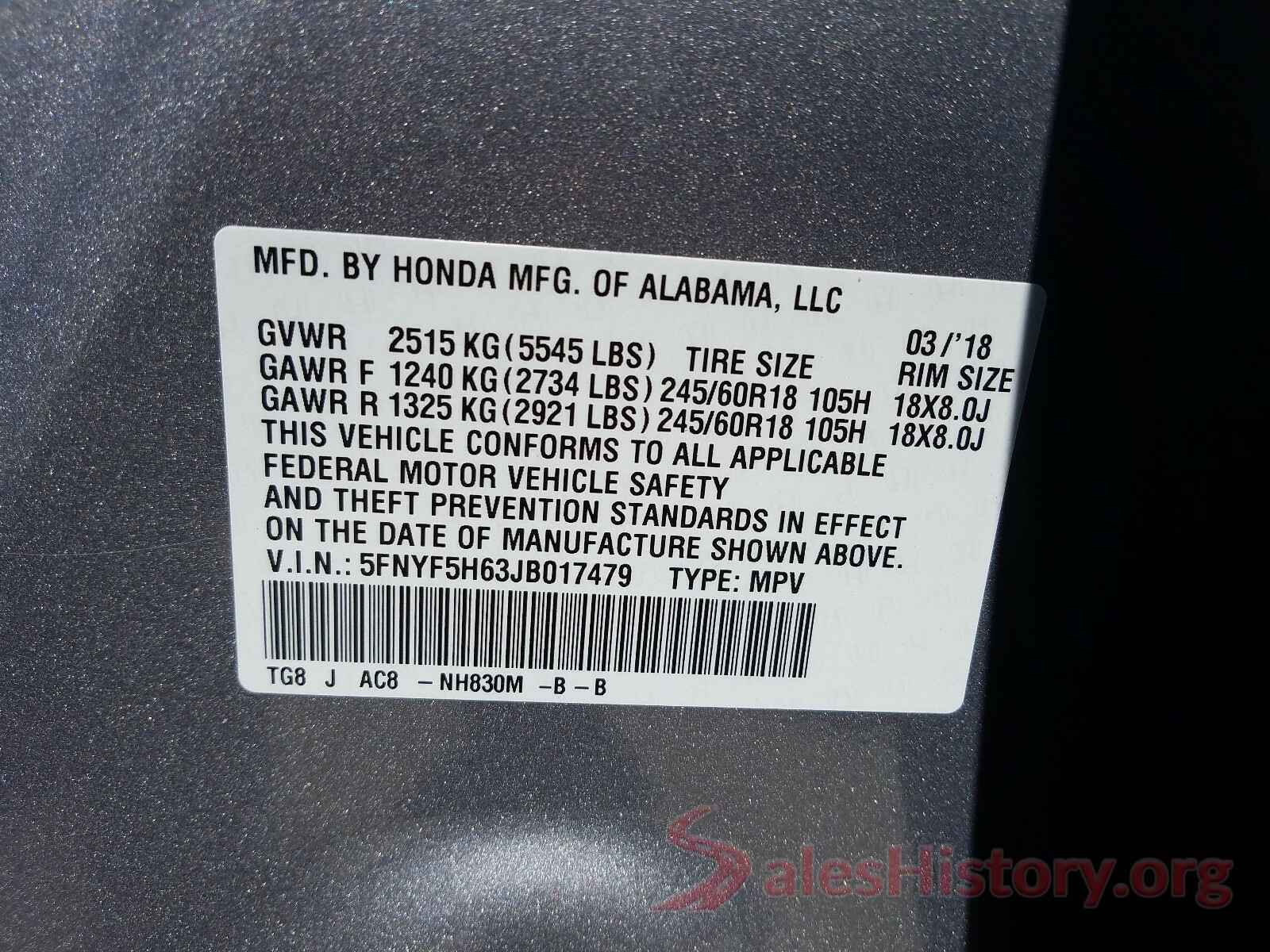 5FNYF5H63JB017479 2018 HONDA PILOT