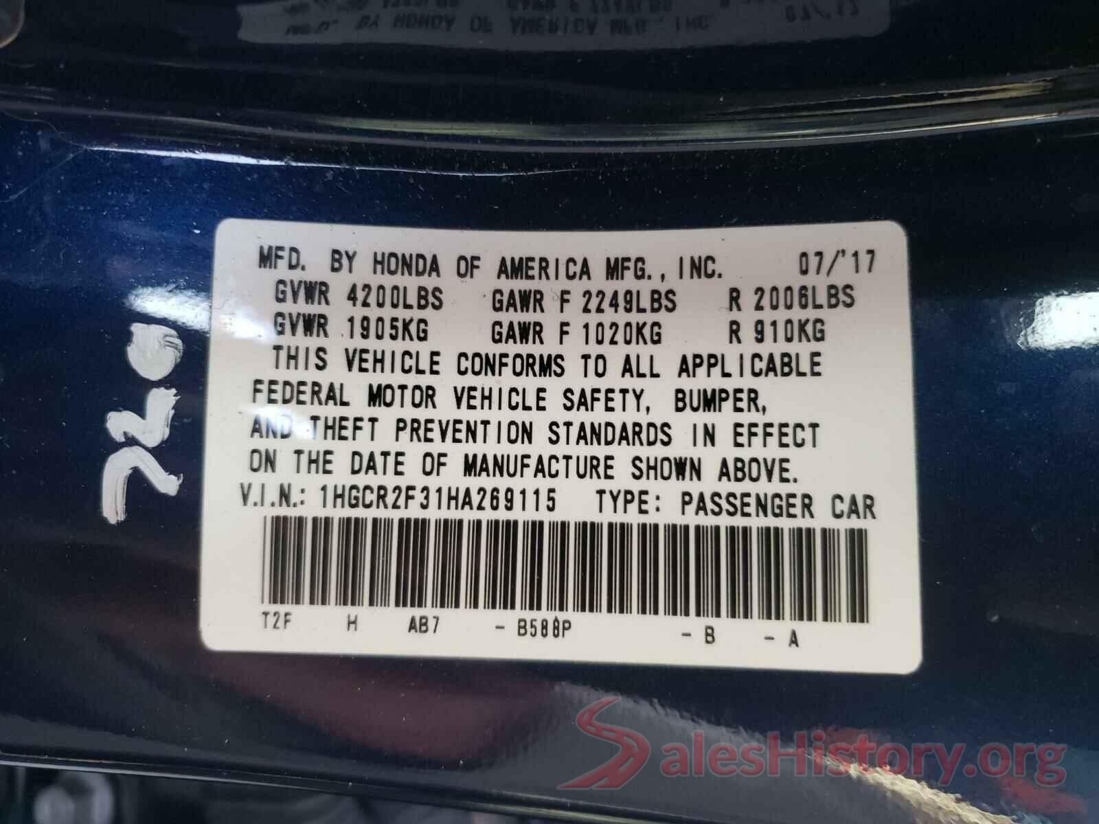 1HGCR2F31HA269115 2017 HONDA ACCORD