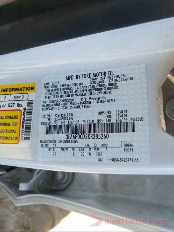 3FA6P0CD5KR285260 2019 FORD FUSION