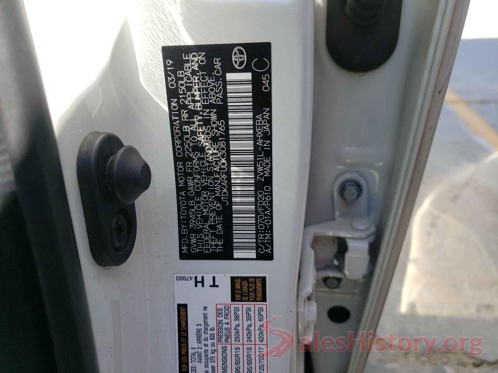 JTDKARFU0K3081765 2019 TOYOTA PRIUS