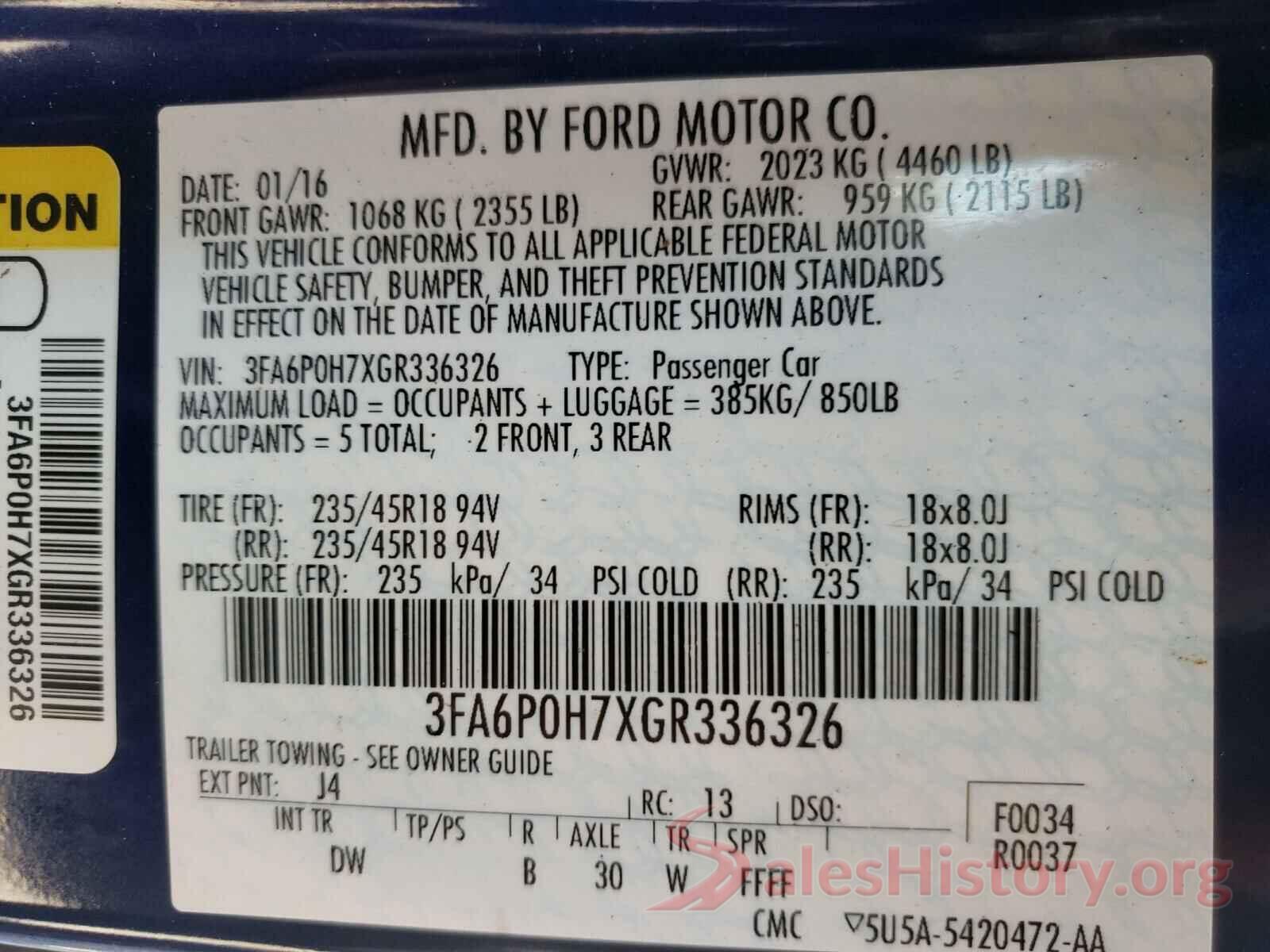 3FA6P0H7XGR336326 2016 FORD FUSION