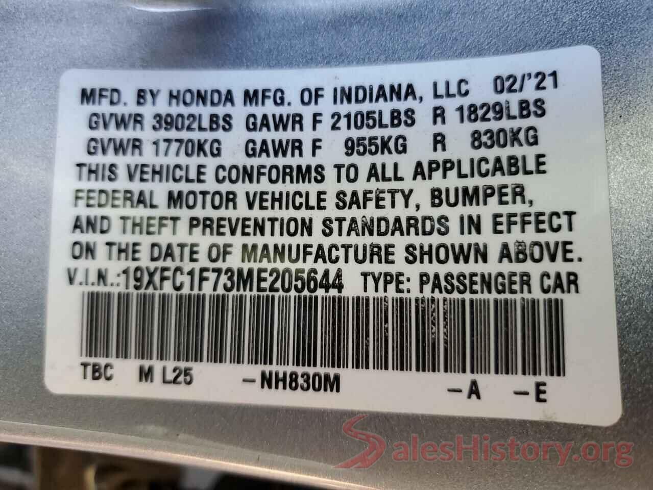 19XFC1F73ME205644 2021 HONDA CIVIC