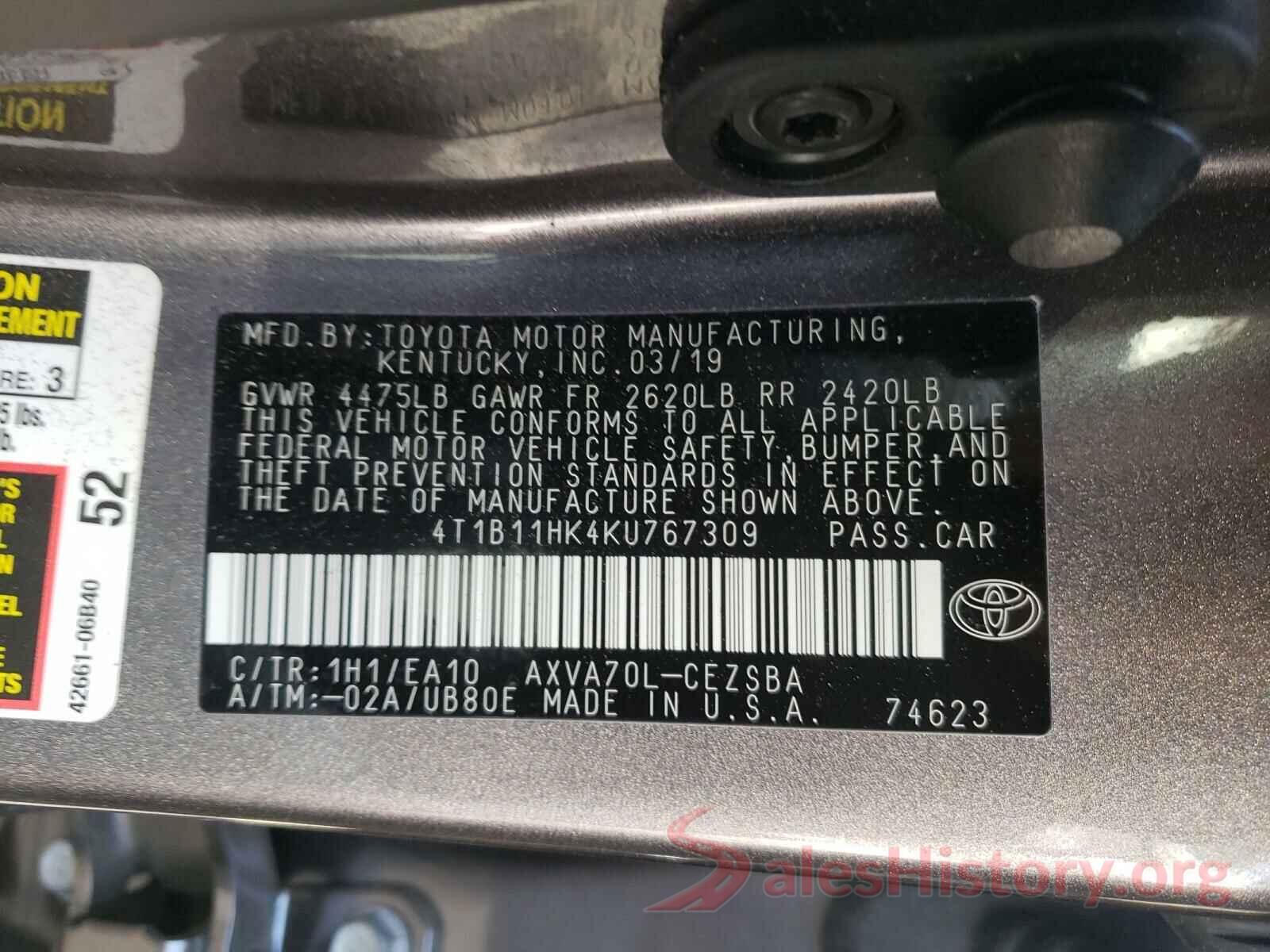 4T1B11HK4KU767309 2019 TOYOTA CAMRY