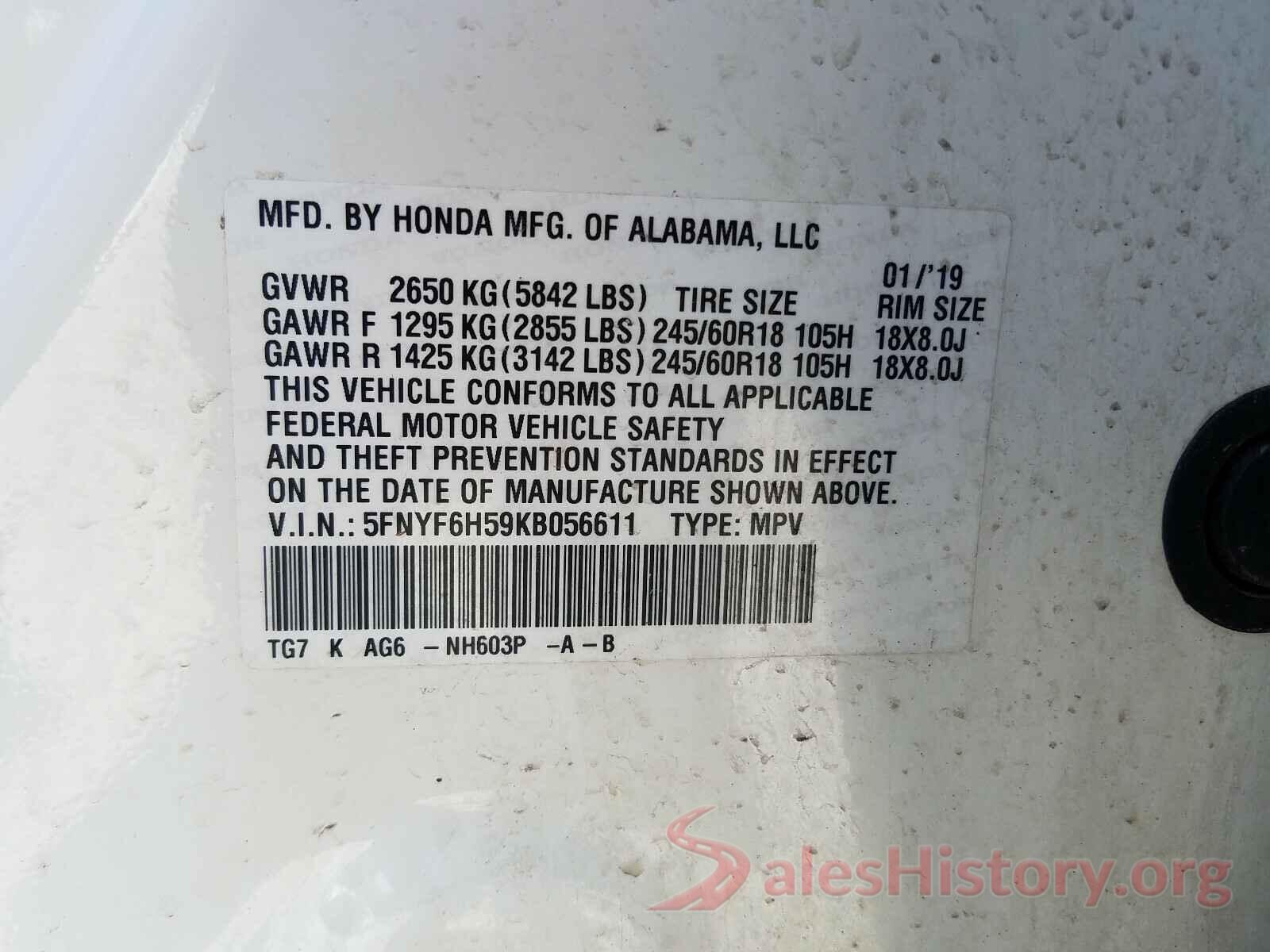 5FNYF6H59KB056611 2019 HONDA PILOT