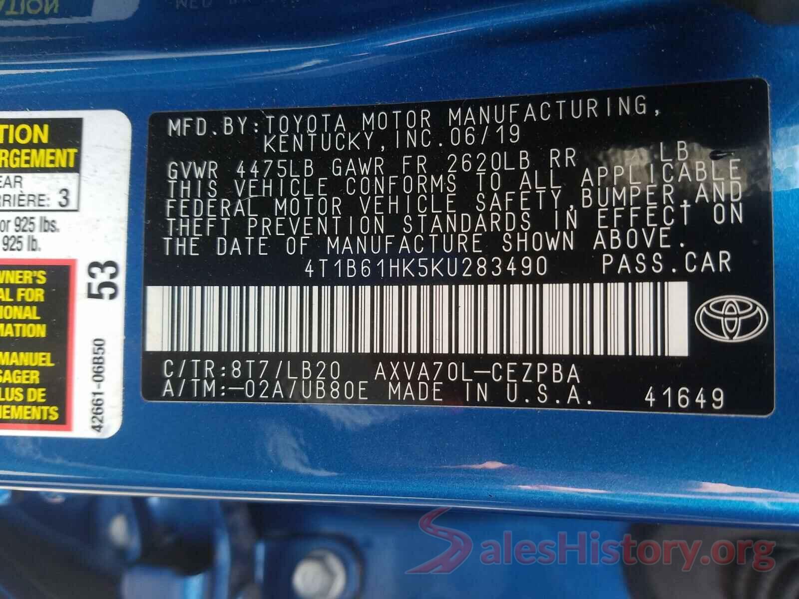 4T1B61HK5KU283490 2019 TOYOTA CAMRY