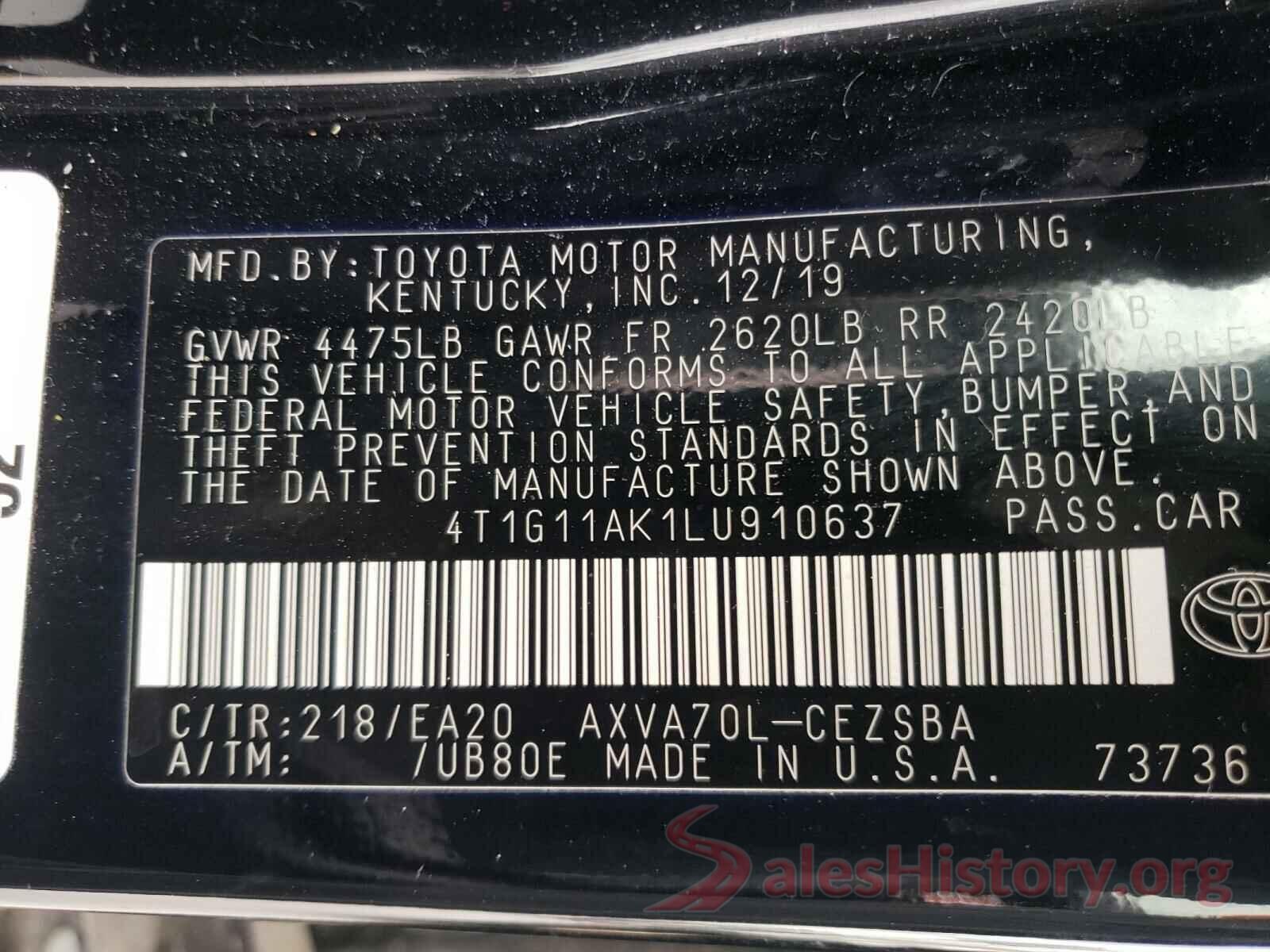 4T1G11AK1LU910637 2020 TOYOTA CAMRY