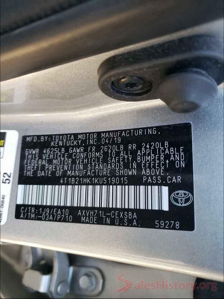 4T1B21HK1KU519015 2019 TOYOTA CAMRY