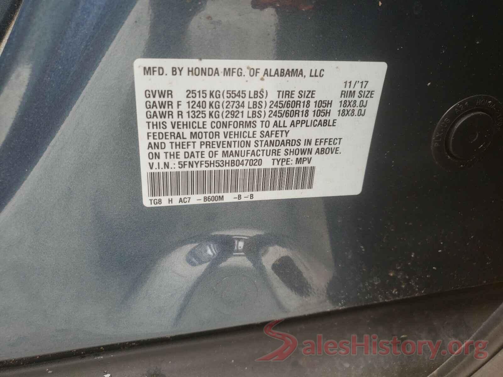 5FNYF5H53HB047020 2017 HONDA PILOT